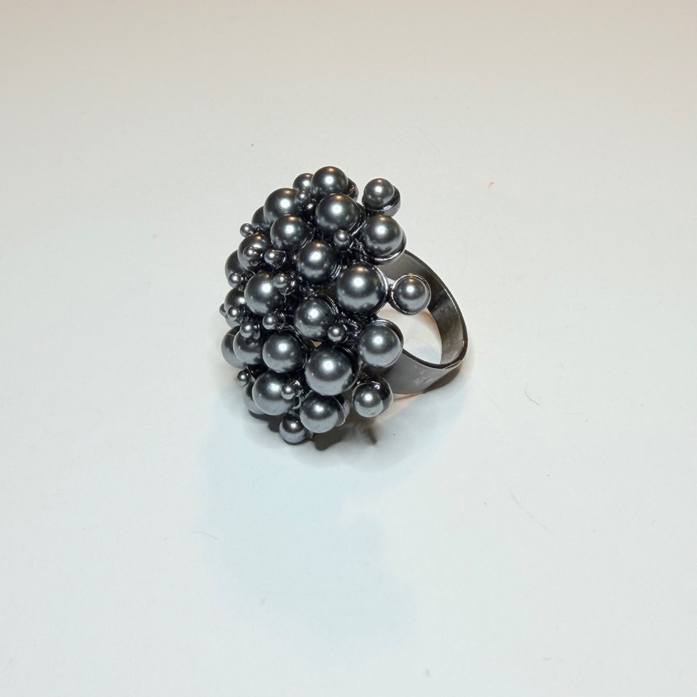 Gunmetal‎ Grey Faux Pearl Cluster Statement Cocktail Ring Wide Band Women